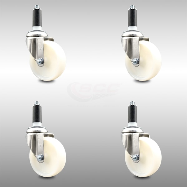 4 Inch 316SS Nylon Wheel Swivel 1-1/8 Inch Expanding Stem Caster Set SCC